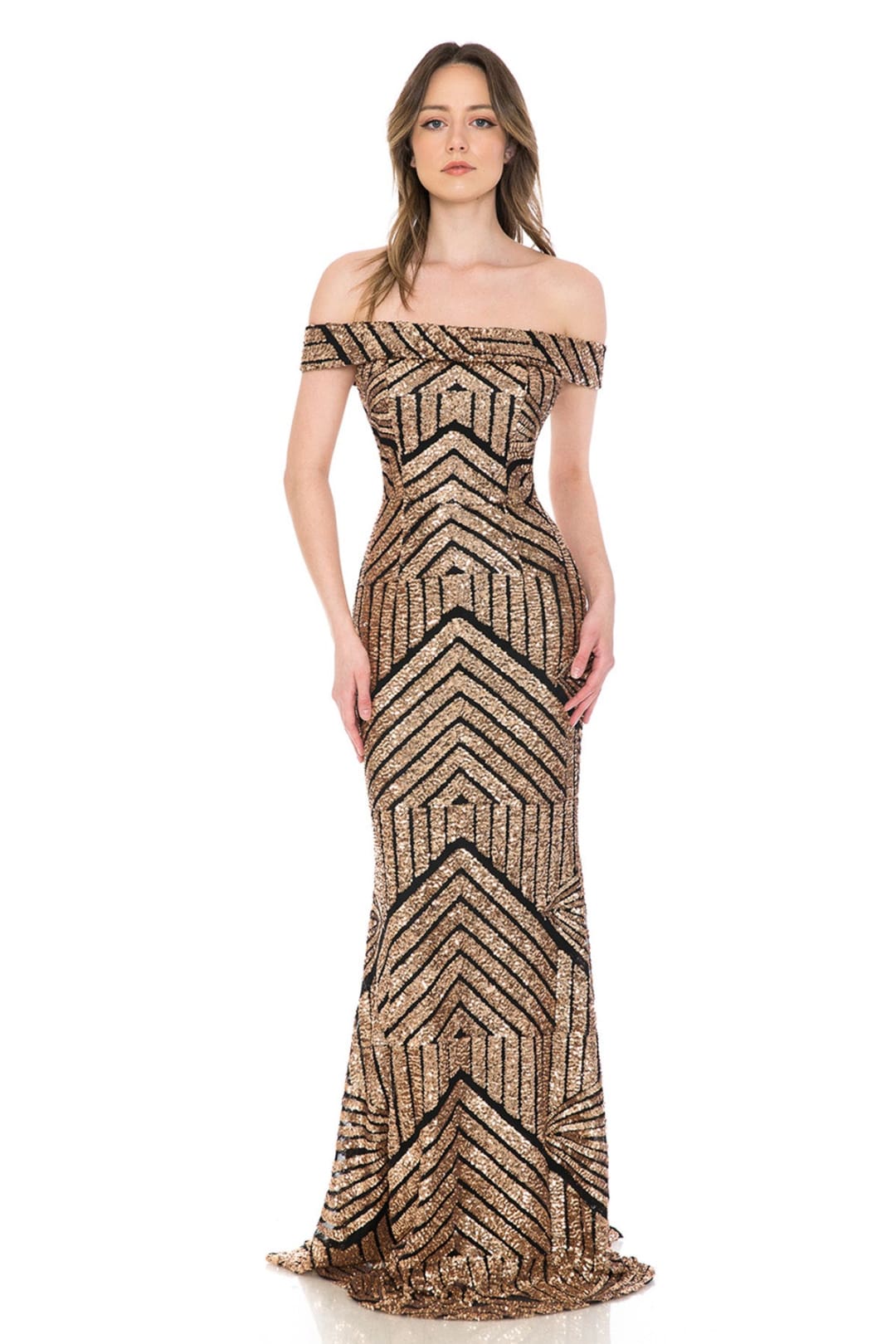 La Merchandise LAF5224 Sequined Off Shoulder Prom Wholesale Formal Gown - BLACK GOLD - LAF