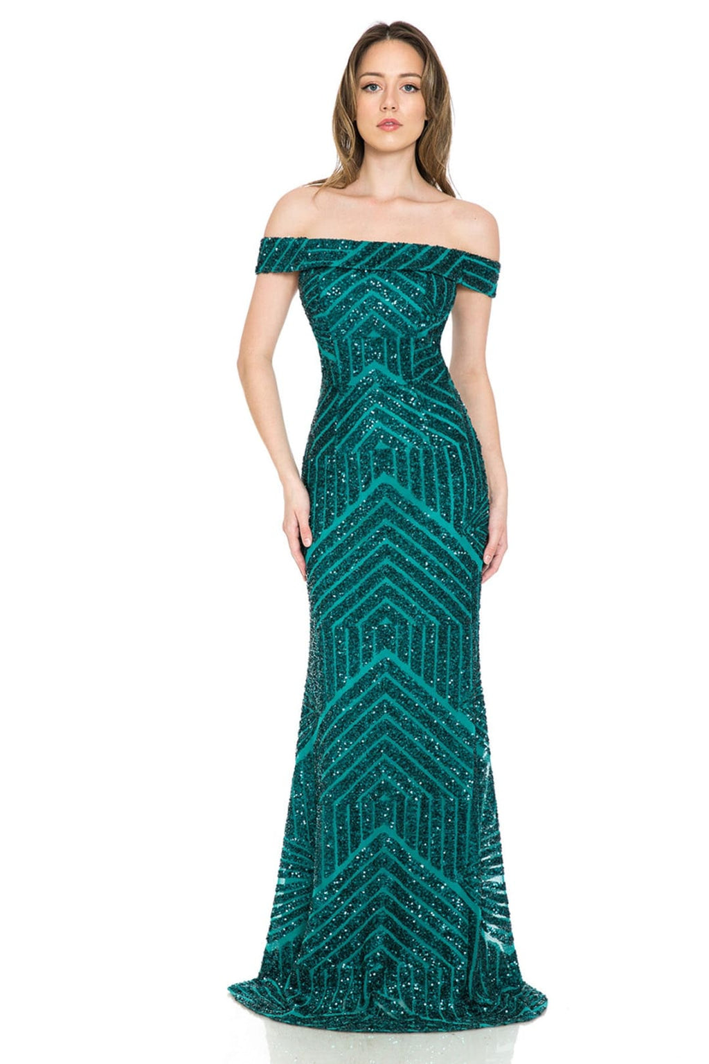 La Merchandise LAF5224 Sequined Off Shoulder Prom Wholesale Formal Gown - HUNTER GREEN - LAF