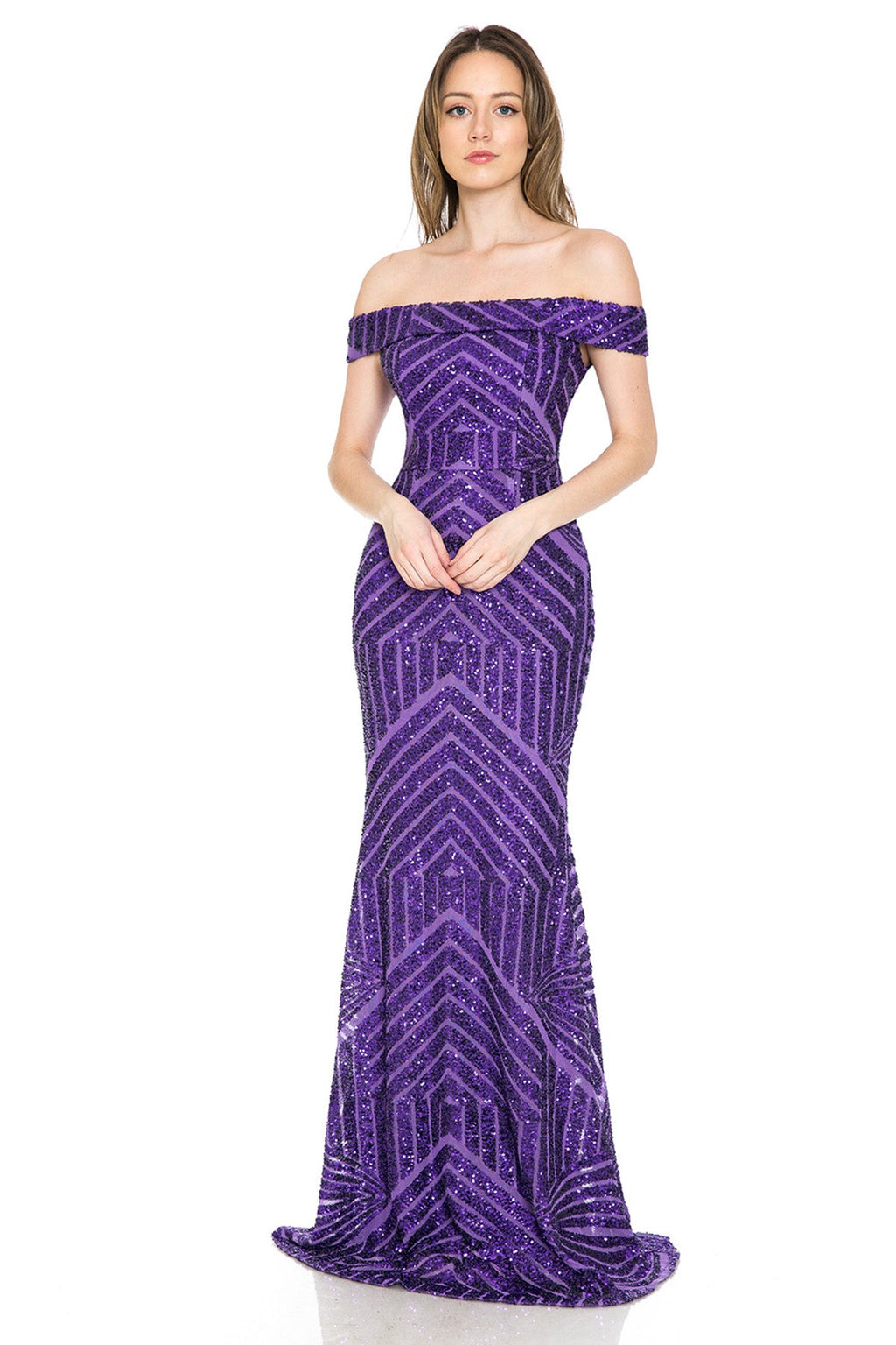 La Merchandise LAF5224 Sequined Off Shoulder Prom Wholesale Formal Gown - PURPLE - LAF