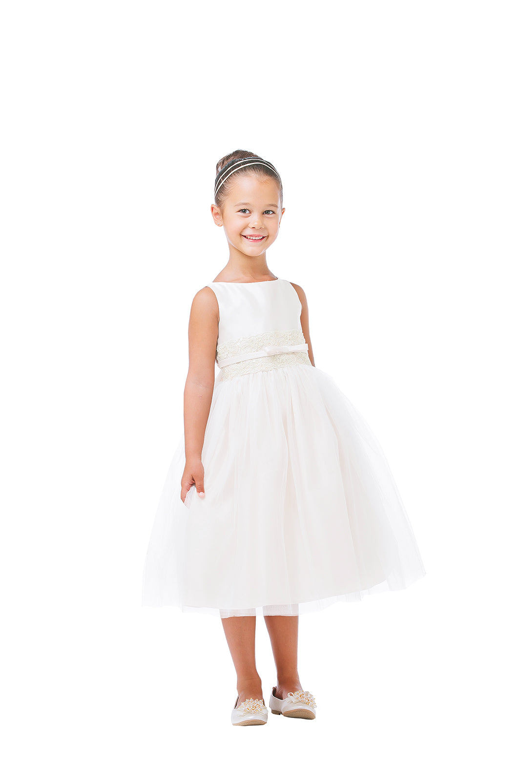 La Merchandise LAK473 Ivory Satin & Tulle Flower Girl Dress - Ivory - LAK