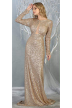La Merchandise LA7795 Long Sleeve Sequin Formal Dress - GOLD - LA Merchandise