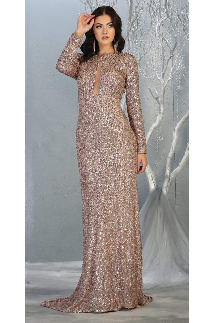 La Merchandise LA7795 Long Sleeve Sequin Formal Dress - ROSE GOLD - LA Merchandise