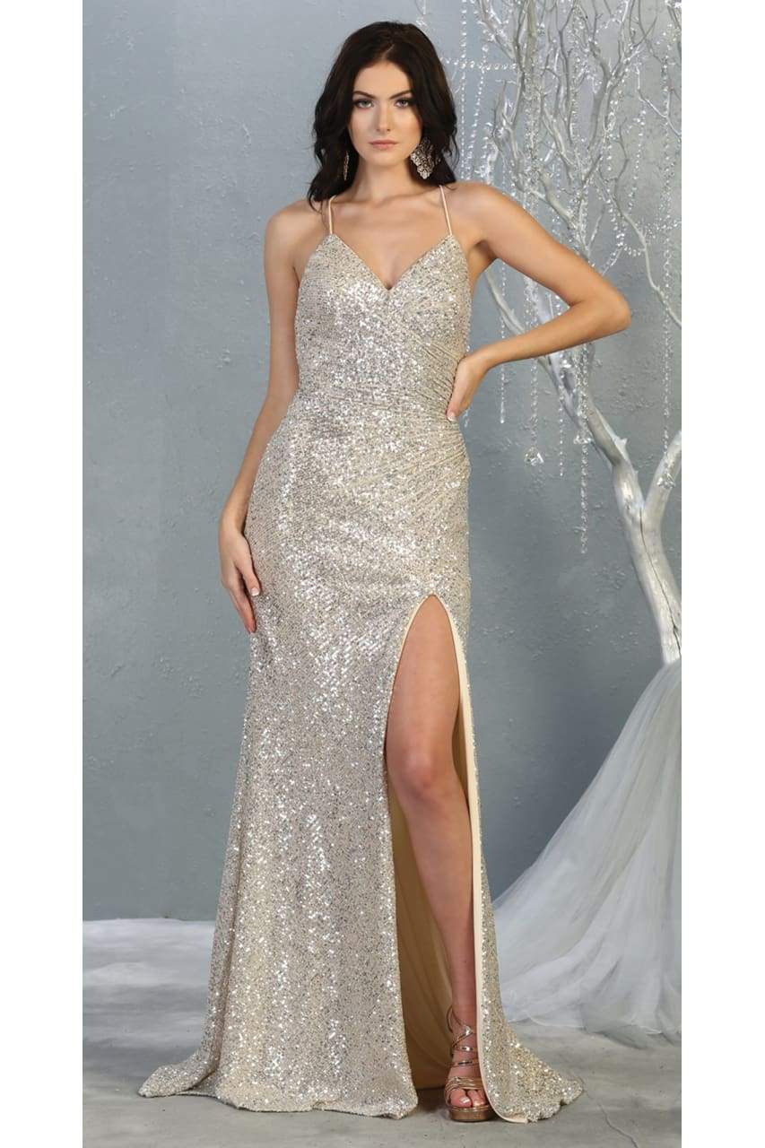 Sequined Prom Long Dress & Plus Size - LA7852 - CHAMPAGNE - LA Merchandise