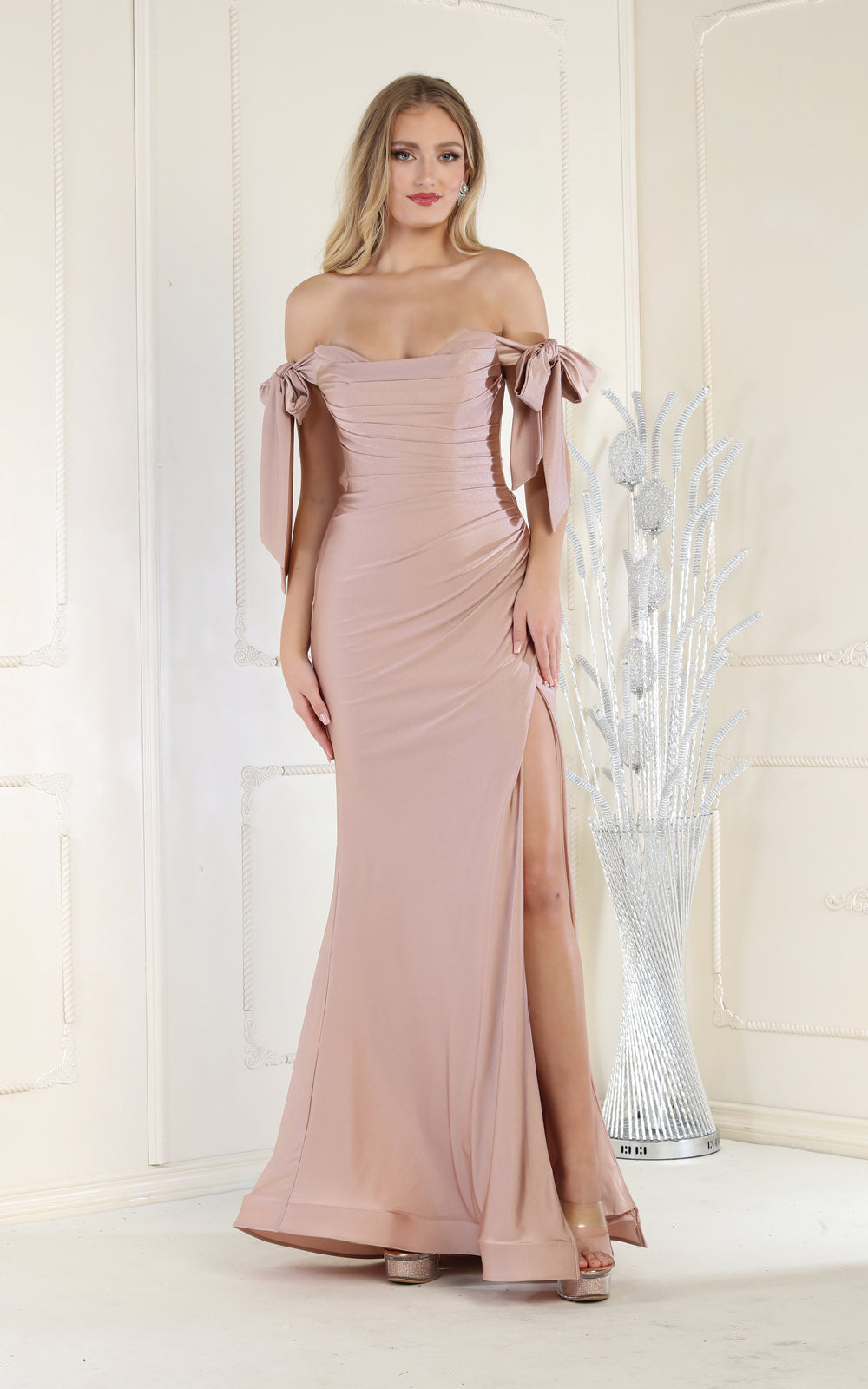 La Merchandise LA1858M Sexy Off The Shoulder Long Evening Prom Gown - Mauve - LA Merchandise