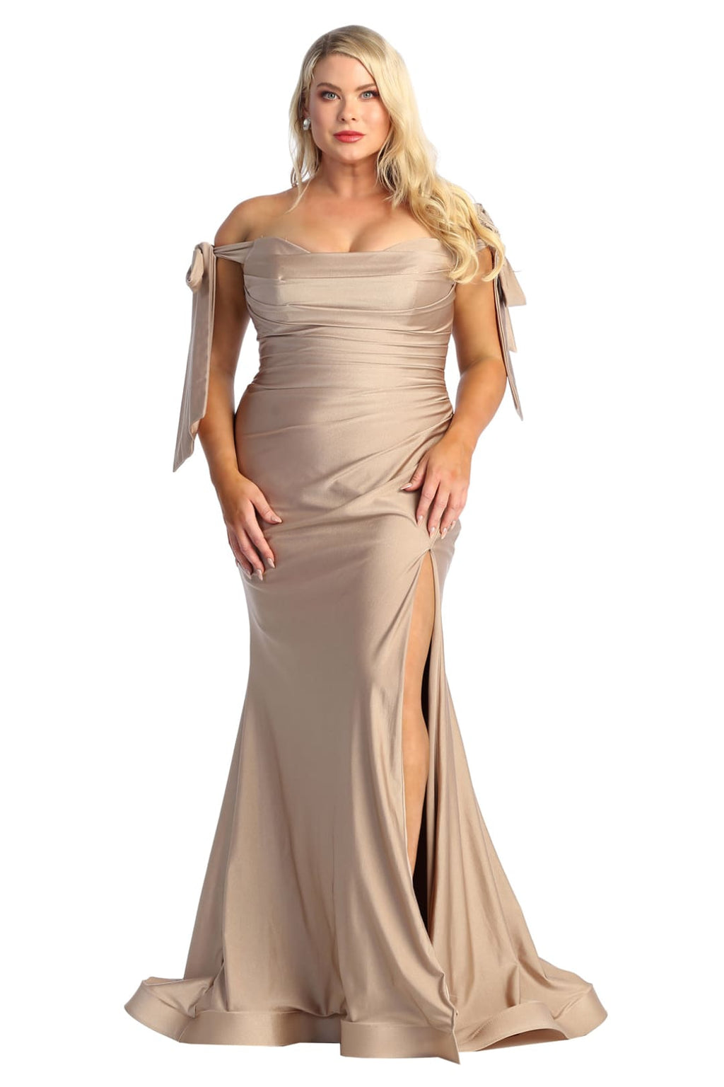 La Merchandise LA1858M Sexy Off The Shoulder Long Evening Prom Gown - Mocha - LA Merchandise