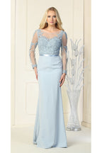 Sheer Long Sleeve Mermaid Evening Gown - LA1847 - DUSTY BLUE - LA Merchandise