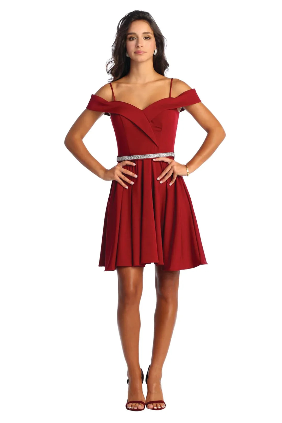 LA1916 Short A-Line Cold Shoulder Homecoming Dress - BURGUNDY - LA Merchandise