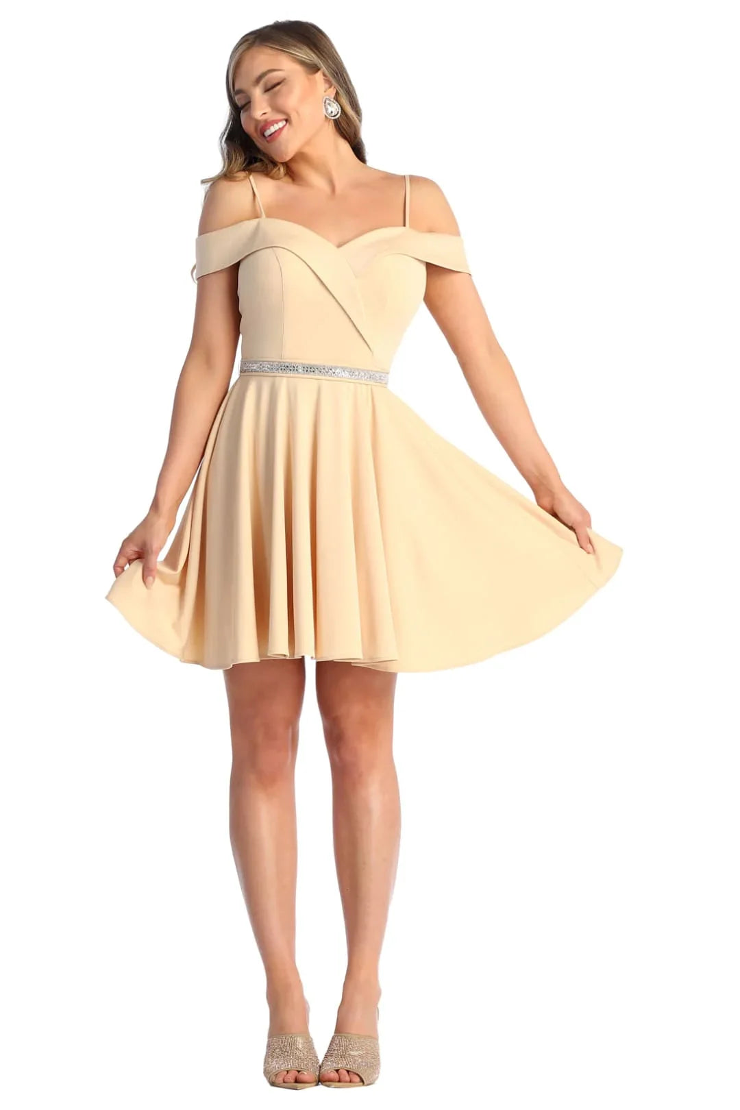 LA1916 Short A-Line Cold Shoulder Homecoming Dress - CHAMPAGNE - LA Merchandise