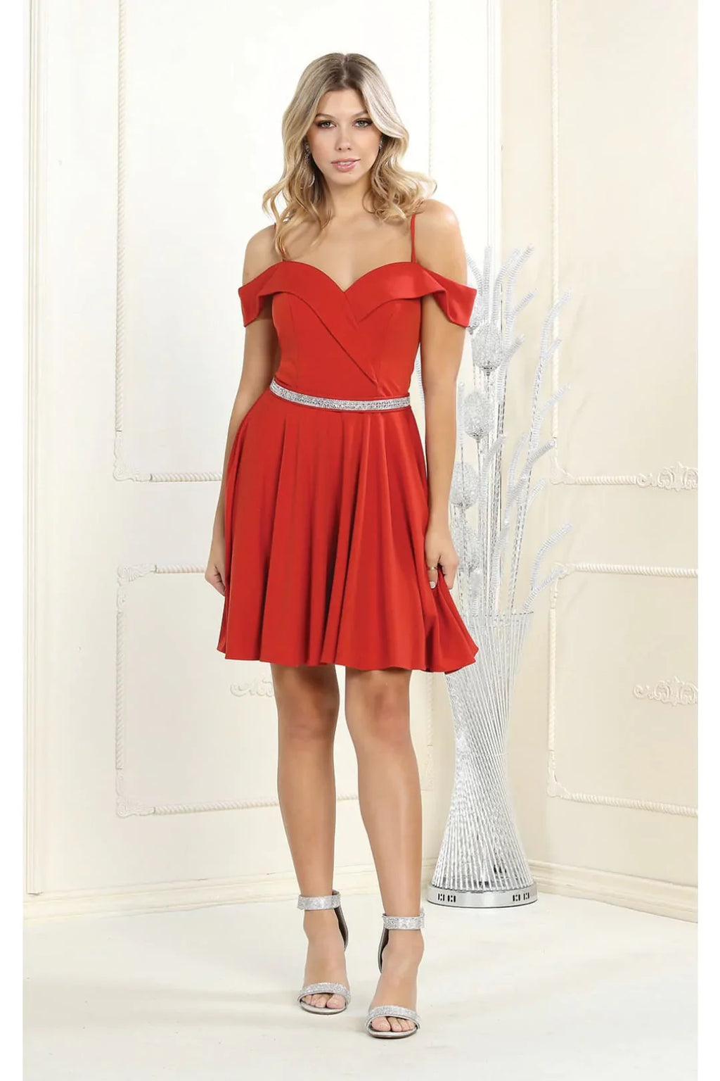 LA1916 Short A-Line Cold Shoulder Homecoming Dress - RUST - LA Merchandise