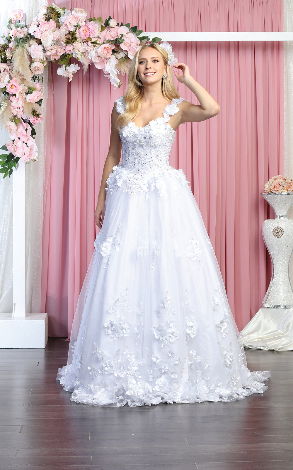 Sleeveless Floral Bridal Gown - LA157B - WHITE - LA Merchandise