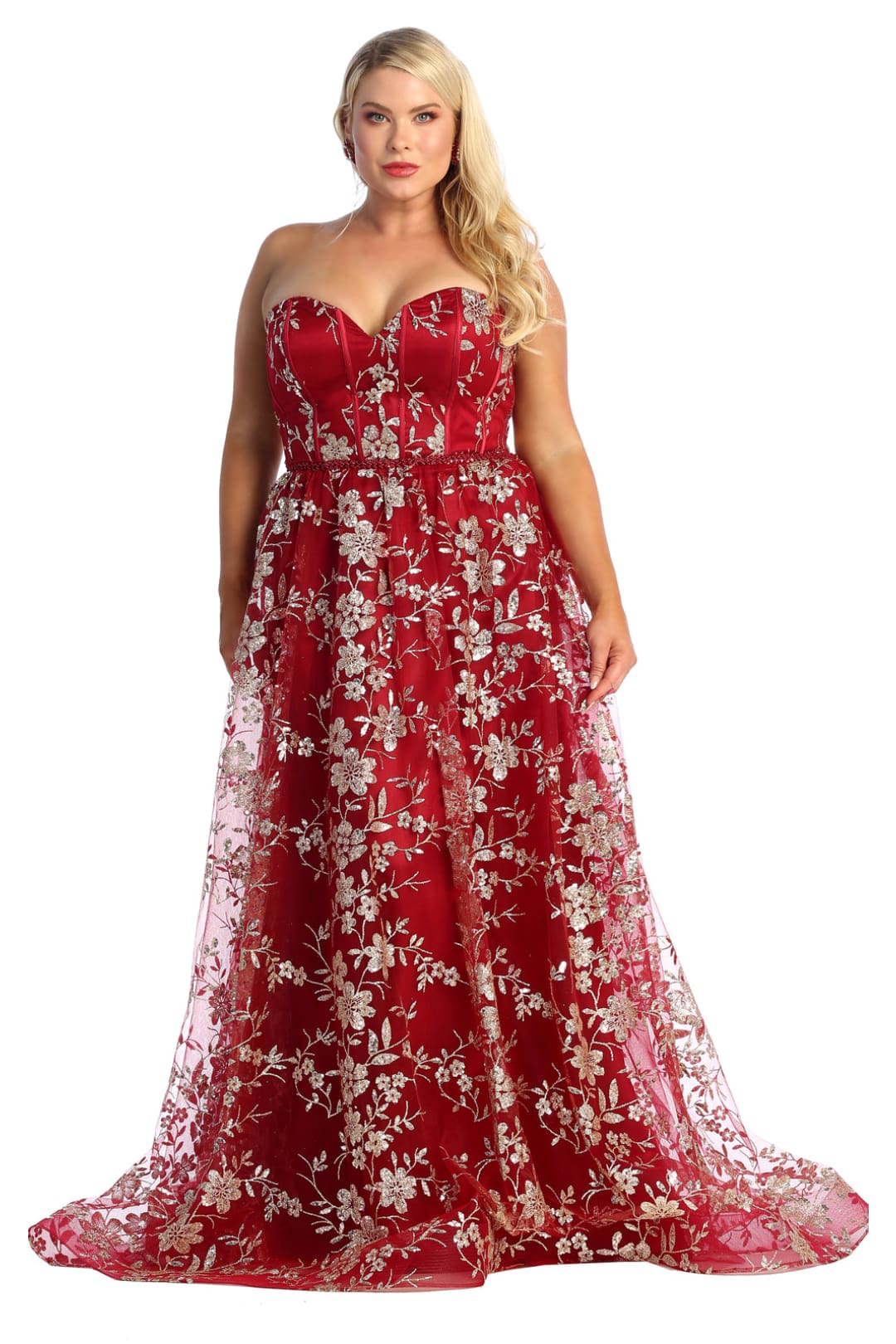 Strapless Boned Bodice Evening Gown - LA1920 - BURGUNDY GOLD - LA Merchandise