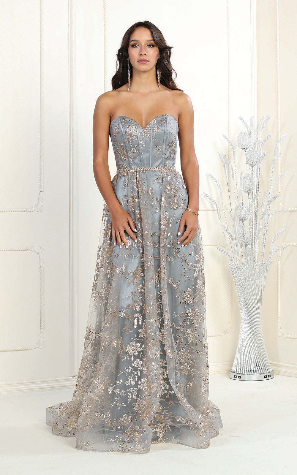 Strapless Boned Bodice Evening Gown - LA1920 - CHARCOAL GOLD - LA Merchandise