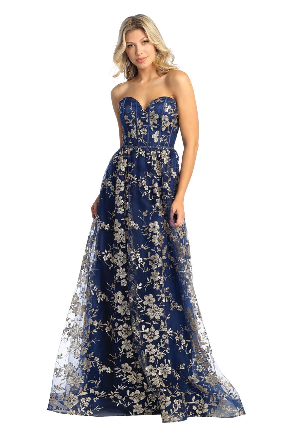 Strapless Boned Bodice Evening Gown - LA1920 - NAVY GOLD - LA Merchandise