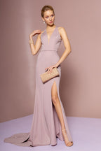 La Merchandise LAS2668 Simple Halter Wholesale V-neck Long Dress - MAUVE - LA Merchandise