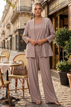 Plus Size Lace Jacket Formal Pant Suit for Mother of the Bride - LA Merchandise LAV3455 - Cocoa - Pant Suit LAV