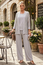 Plus Size Lace Jacket Formal Pant Suit for Mother of the Bride - LA Merchandise LAV3455 - Silver - Pant Suit LAV