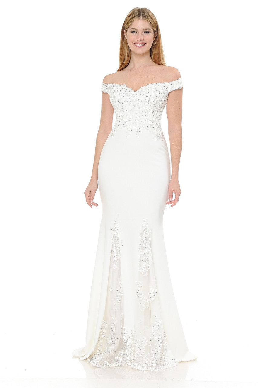 Wholesale Off-Shoulder Ivory Beaded Mermaid Gown with Lace Inserts Formal & Bridal Dress By LAF8137 - IVORY - Dress LAF
