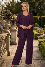 Plus Size Lace Jacket Formal Pant Suit for Mother of the Bride - LA Merchandise LAV3455 - Plum - Pant Suit LAV