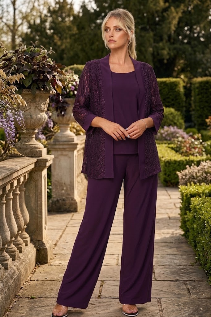 Plus Size Lace Jacket Formal Pant Suit for Mother of the Bride - LA Merchandise LAV3455 - Plum - Pant Suit LAV