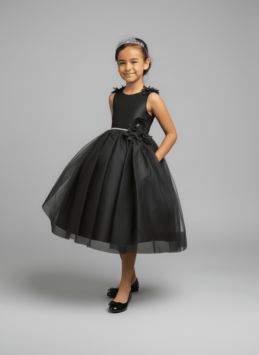 LA Merchandise LAZD802 Girls Beaded 3D Floral Scoop Neck Tea-Length Tulle Dress - Black - Girls Formal Dresses LAZ