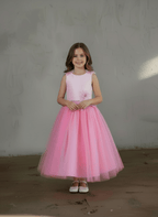 LA Merchandise LAZD802 Girls Beaded 3D Floral Scoop Neck Tea-Length Tulle Dress - Hot Pink - Girls Formal Dresses LAZ