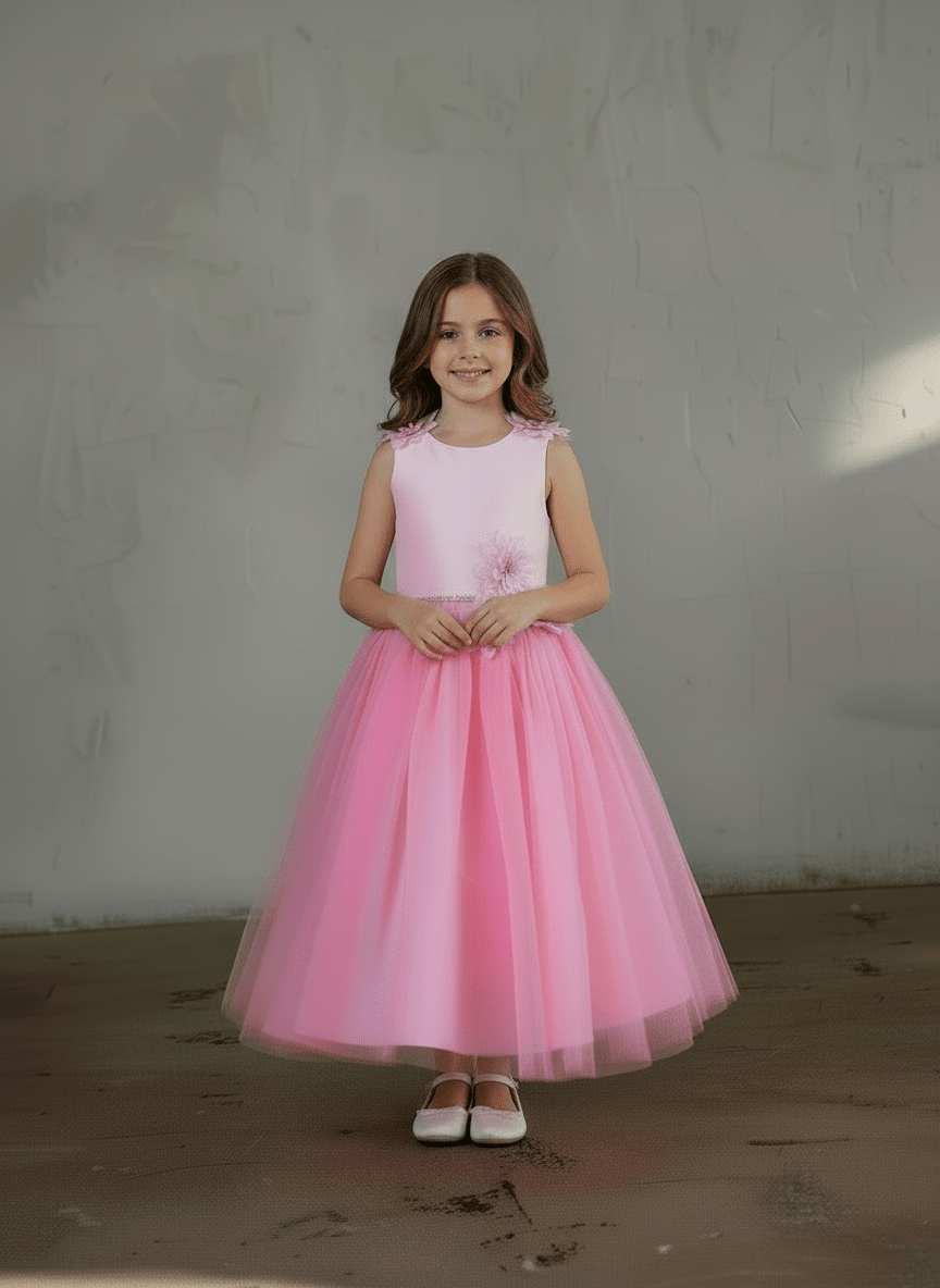 LA Merchandise LAZD802 Girls Beaded 3D Floral Scoop Neck Tea-Length Tulle Dress - Hot Pink - Girls Formal Dresses LAZ