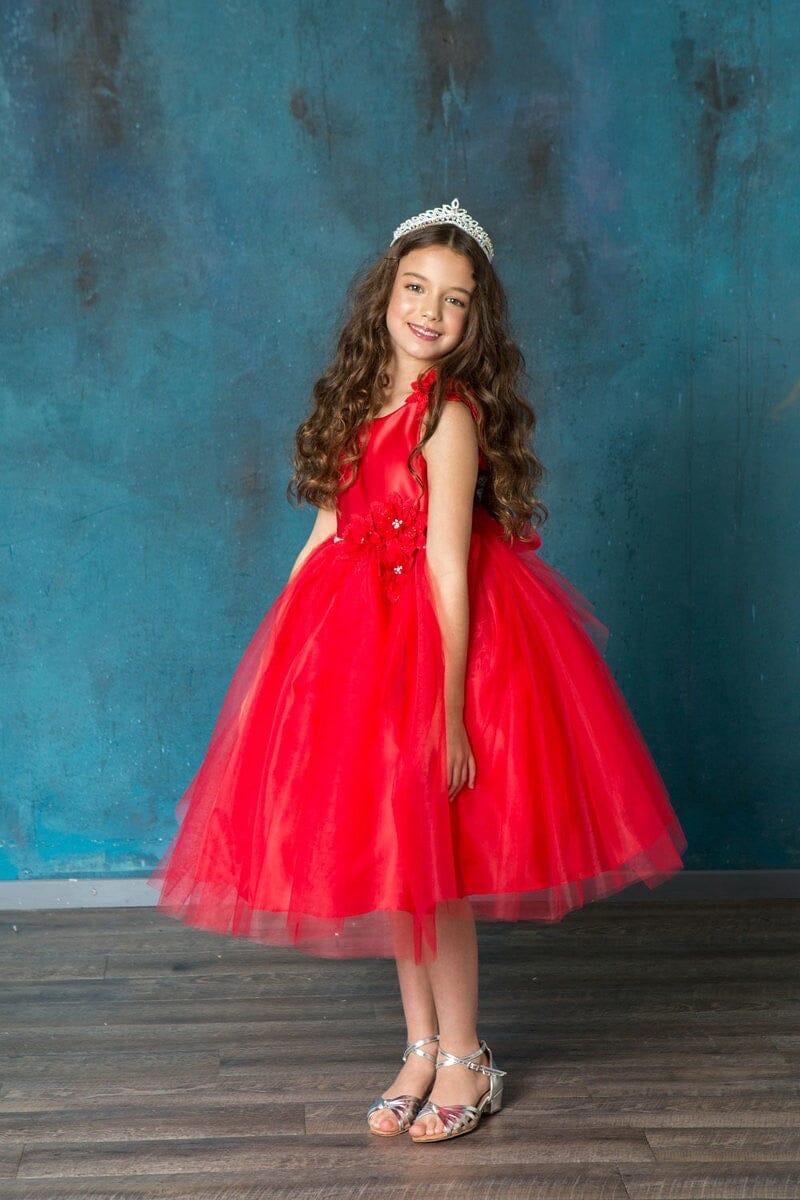 LA Merchandise LAZD802 Girls Beaded 3D Floral Scoop Neck Tea-Length Tulle Dress - - Girls Formal Dresses LAZ