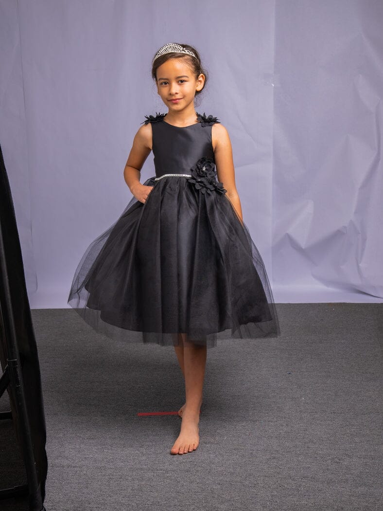 LA Merchandise LAZD802 Girls Beaded 3D Floral Scoop Neck Tea-Length Tulle Dress - - Girls Formal Dresses LAZ