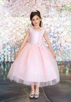 LA Merchandise LAZD802 Girls Beaded 3D Floral Scoop Neck Tea-Length Tulle Dress - Blush - Girls Formal Dresses LAZ