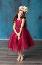 LA Merchandise LAZD802 Girls Beaded 3D Floral Scoop Neck Tea-Length Tulle Dress - Burgundy - Girls Formal Dresses LAZ