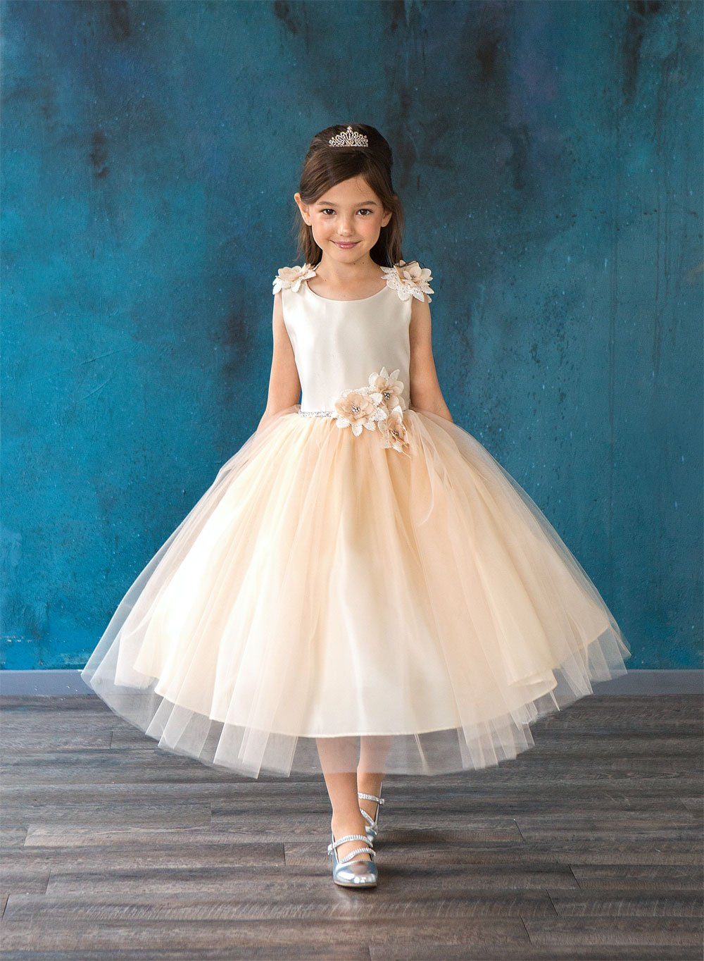 LA Merchandise LAZD802 Girls Beaded 3D Floral Scoop Neck Tea-Length Tulle Dress - Champagne - Girls Formal Dresses LAZ