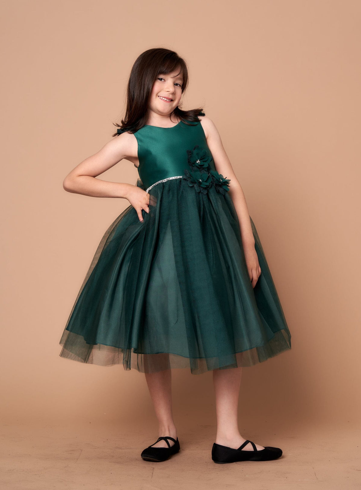 LA Merchandise LAZD802 Girls Beaded 3D Floral Scoop Neck Tea-Length Tulle Dress - Emerald Green - Girls Formal Dresses LAZ