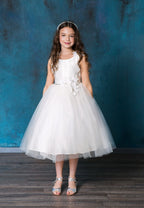 LA Merchandise LAZD802 Girls Beaded 3D Floral Scoop Neck Tea-Length Tulle Dress - Ivory - Girls Formal Dresses LAZ
