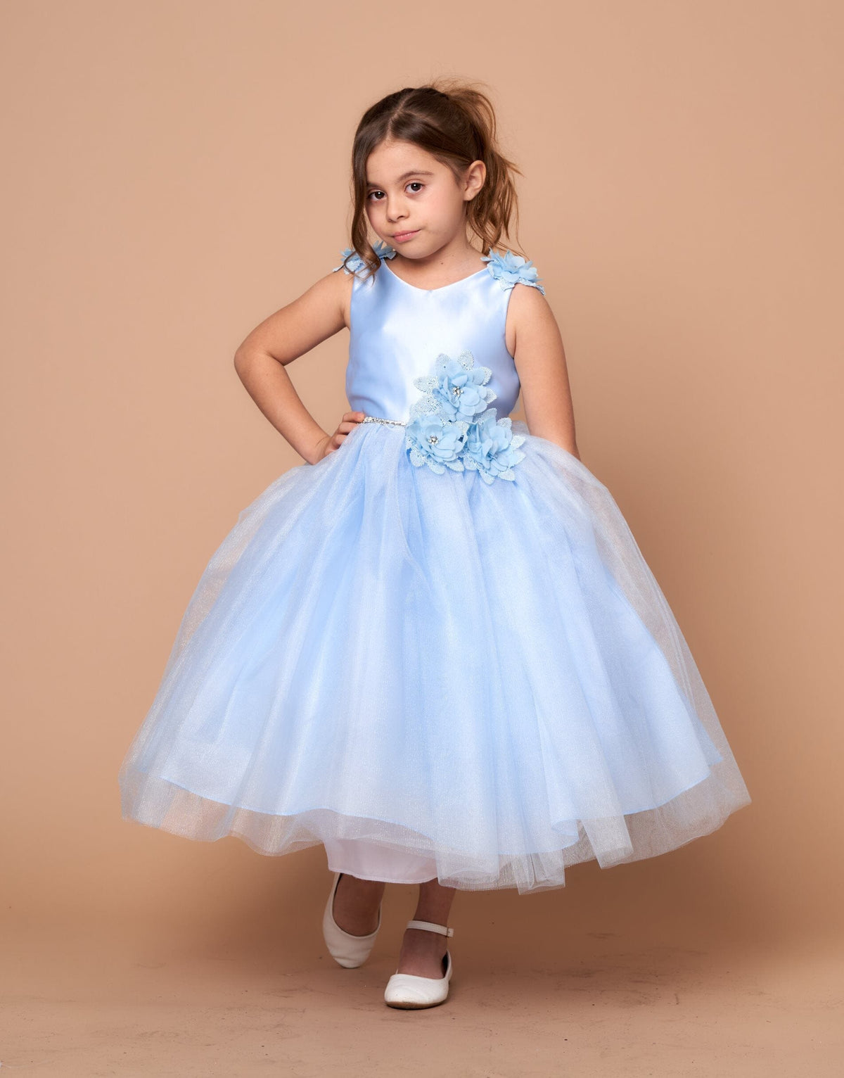 LA Merchandise LAZD802 Girls Beaded 3D Floral Scoop Neck Tea-Length Tulle Dress - Light Blue - Girls Formal Dresses LAZ