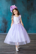 LA Merchandise LAZD802 Girls Beaded 3D Floral Scoop Neck Tea-Length Tulle Dress - Lilac - Girls Formal Dresses LAZ