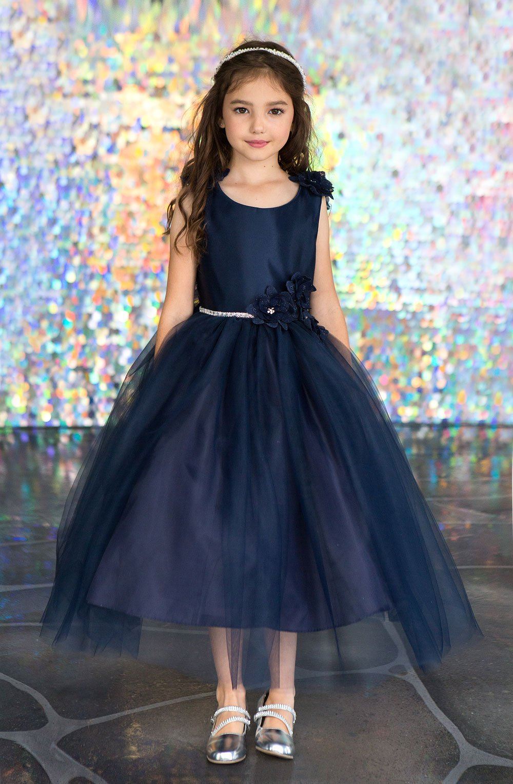 LA Merchandise LAZD802 Girls Beaded 3D Floral Scoop Neck Tea-Length Tulle Dress - Navy - Girls Formal Dresses LAZ