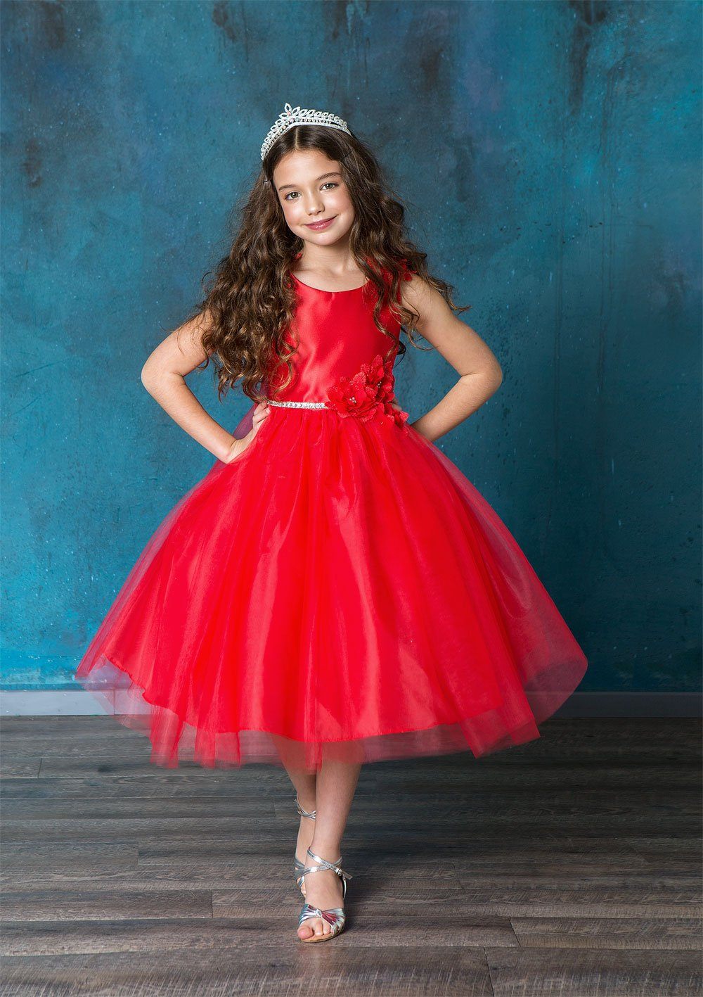 LA Merchandise LAZD802 Girls Beaded 3D Floral Scoop Neck Tea-Length Tulle Dress - Red - Girls Formal Dresses LAZ