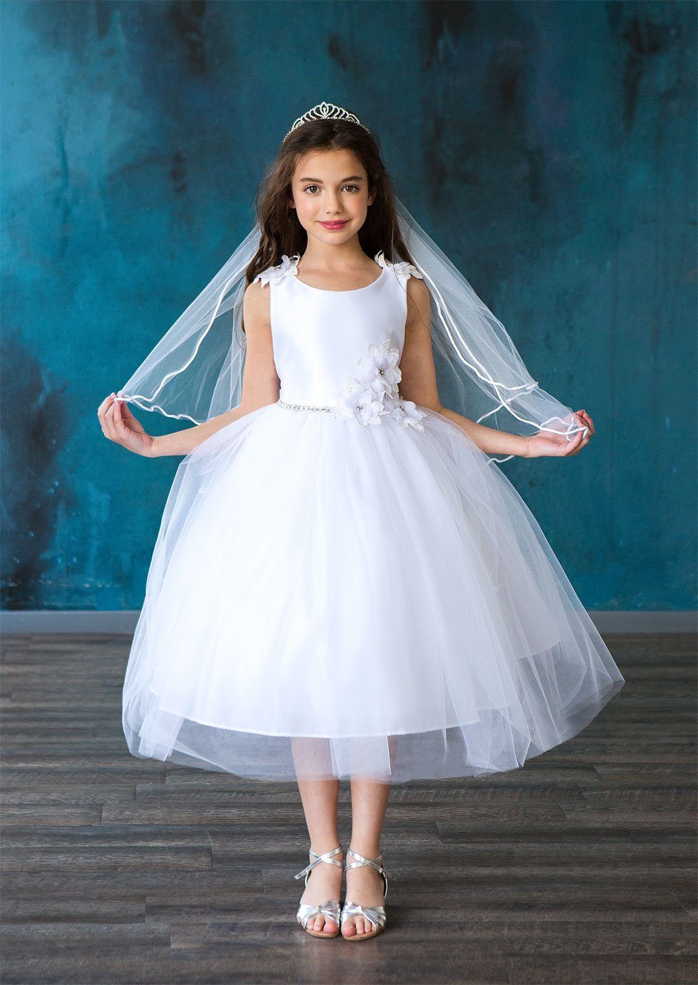 LA Merchandise LAZD802 Girls Beaded 3D Floral Scoop Neck Tea-Length Tulle Dress - White - Girls Formal Dresses LAZ