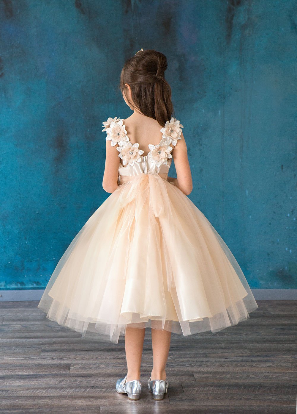 LA Merchandise LAZD802 Girls Beaded 3D Floral Scoop Neck Tea-Length Tulle Dress - - Girls Formal Dresses LAZ