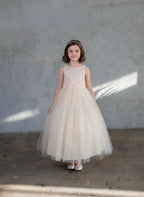 LA Merchandise LAZD831 Girls Floral Scoop Neck Tea-Length Tulle A-Line Dress - Champagne - Girls Formal Dresses LAZ