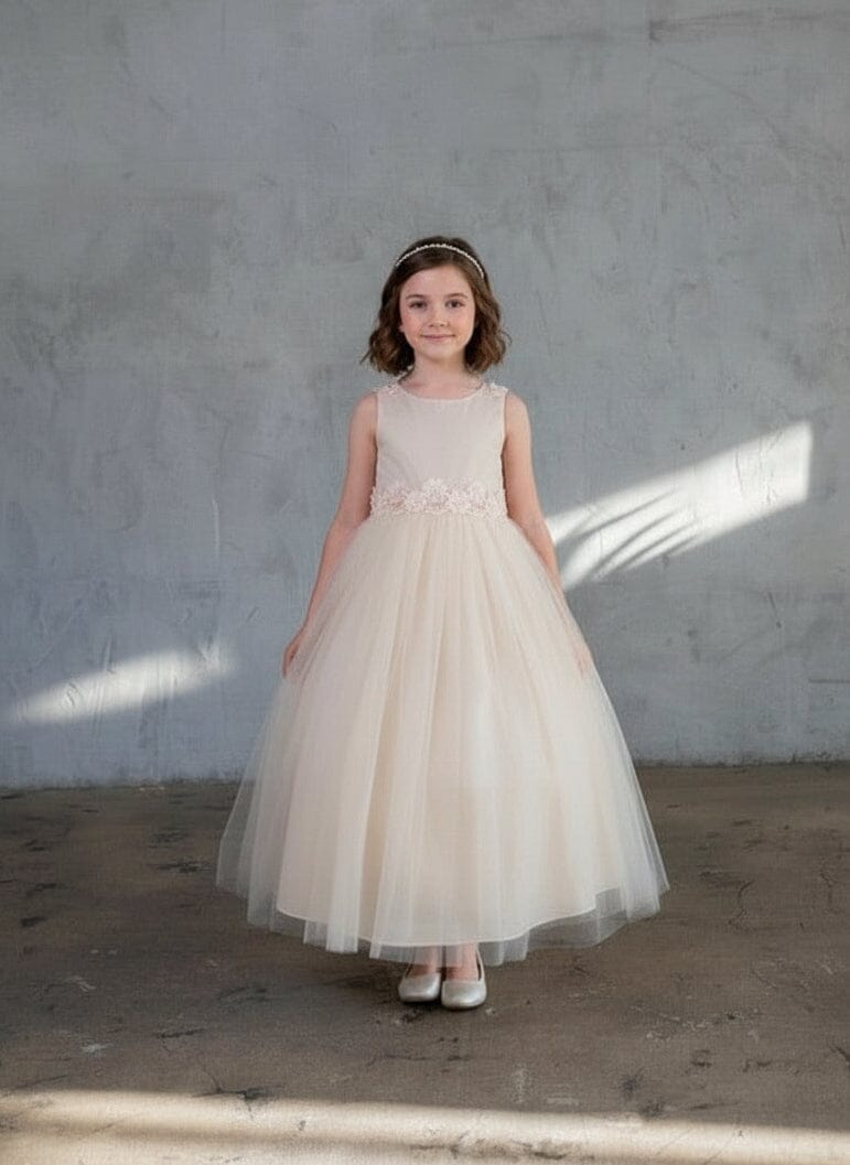 LA Merchandise LAZD831 Girls Floral Scoop Neck Tea-Length Tulle A-Line Dress - Champagne - Girls Formal Dresses LAZ