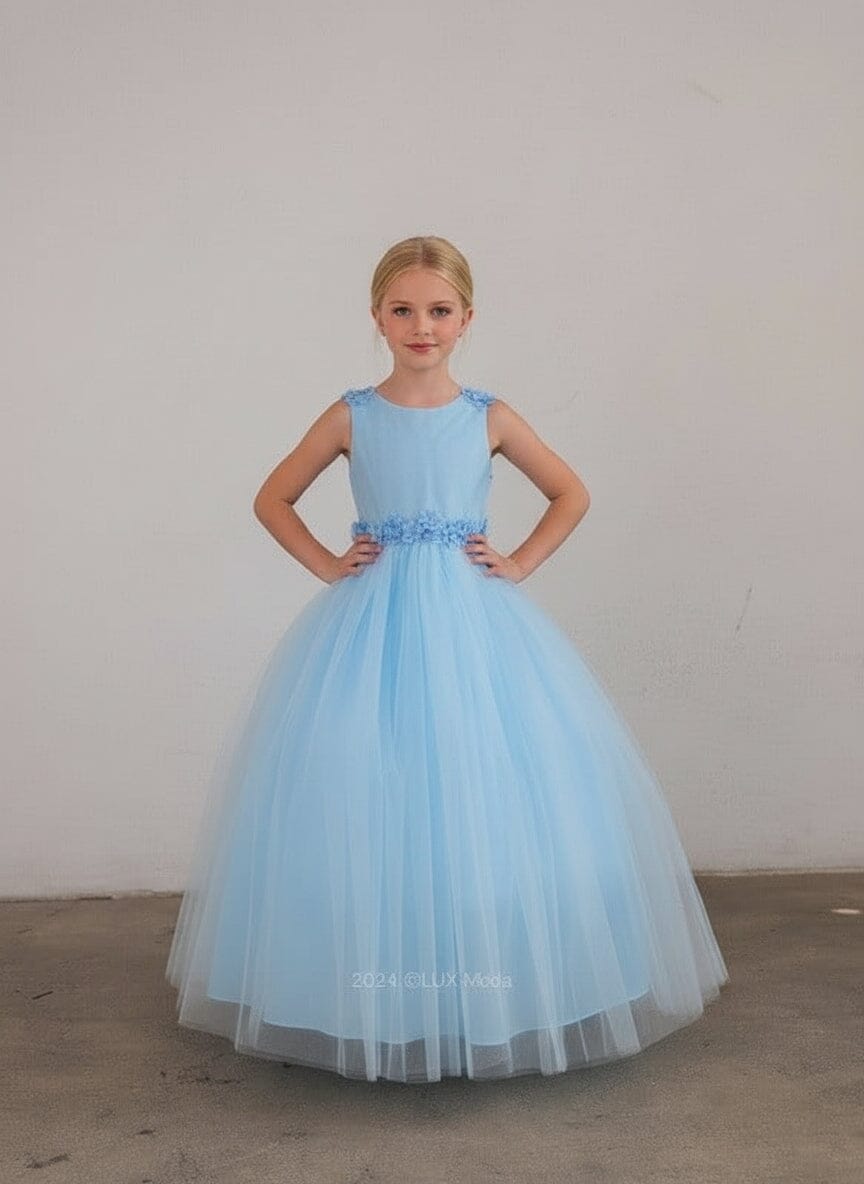 LA Merchandise LAZD831 Girls Floral Scoop Neck Tea-Length Tulle A-Line Dress - Light Blue - Girls Formal Dresses LAZ