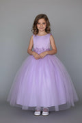 LA Merchandise LAZD831 Girls Floral Scoop Neck Tea-Length Tulle A-Line Dress - Lilac - Girls Formal Dresses LAZ