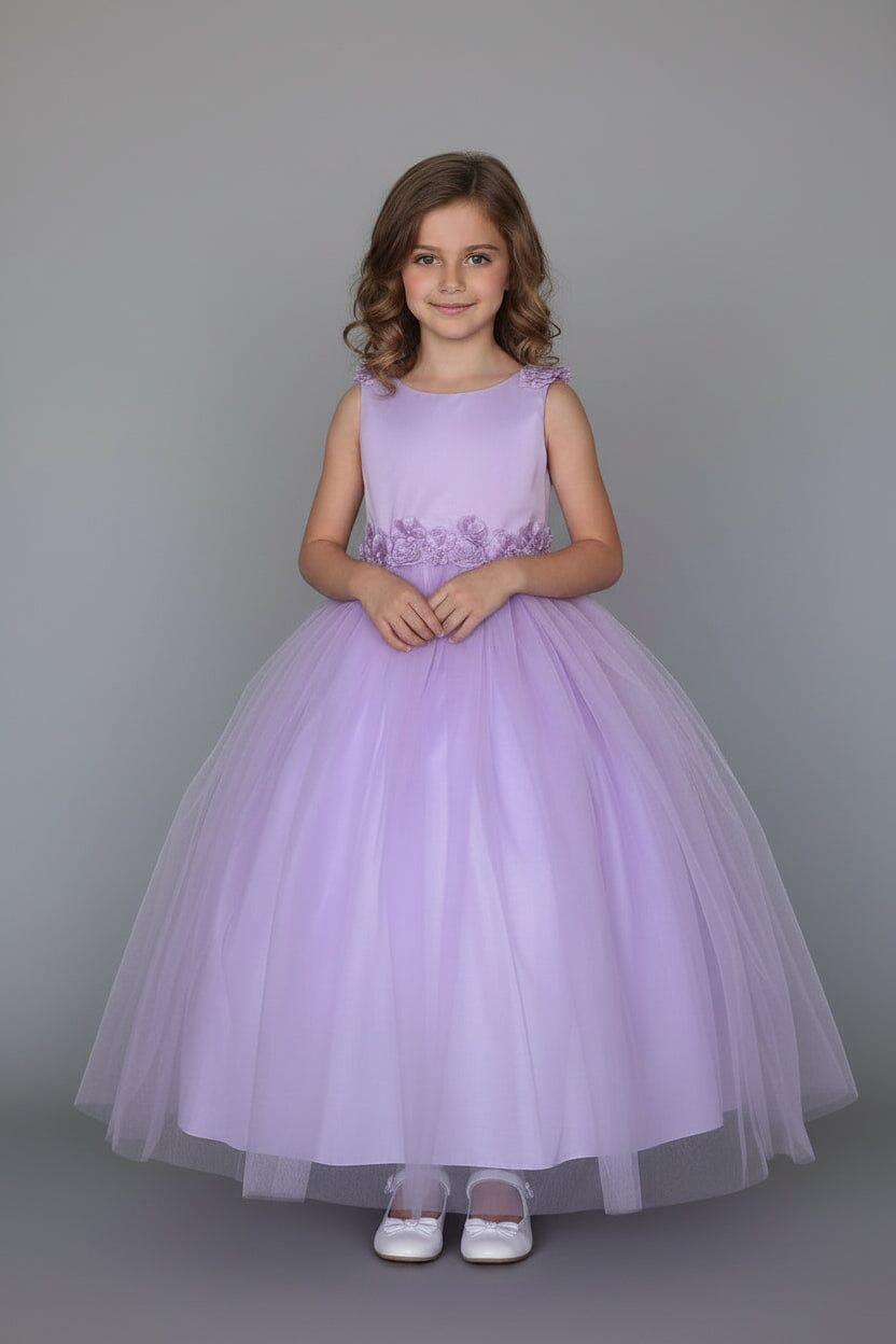 LA Merchandise LAZD831 Girls Floral Scoop Neck Tea-Length Tulle A-Line Dress - Lilac - Girls Formal Dresses LAZ