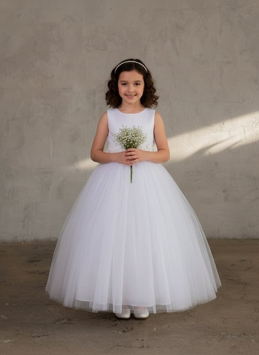 LA Merchandise LAZD831 Girls Floral Scoop Neck Tea-Length Tulle A-Line Dress - Off White - Girls Formal Dresses LAZ