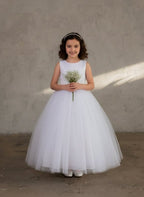 LA Merchandise LAZD831 Girls Floral Scoop Neck Tea-Length Tulle A-Line Dress - Off White - Girls Formal Dresses LAZ