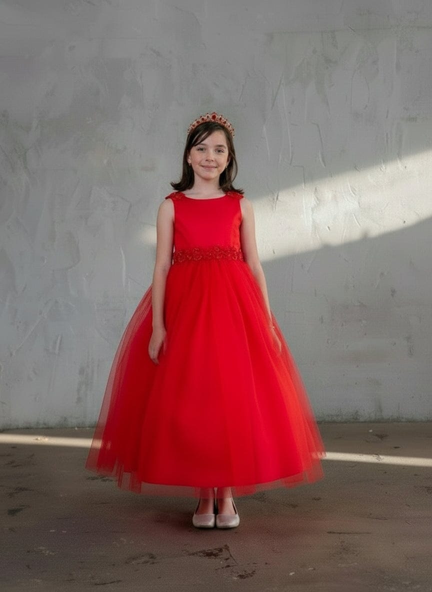 LA Merchandise LAZD831 Girls Floral Scoop Neck Tea-Length Tulle A-Line Dress - Red - Girls Formal Dresses LAZ