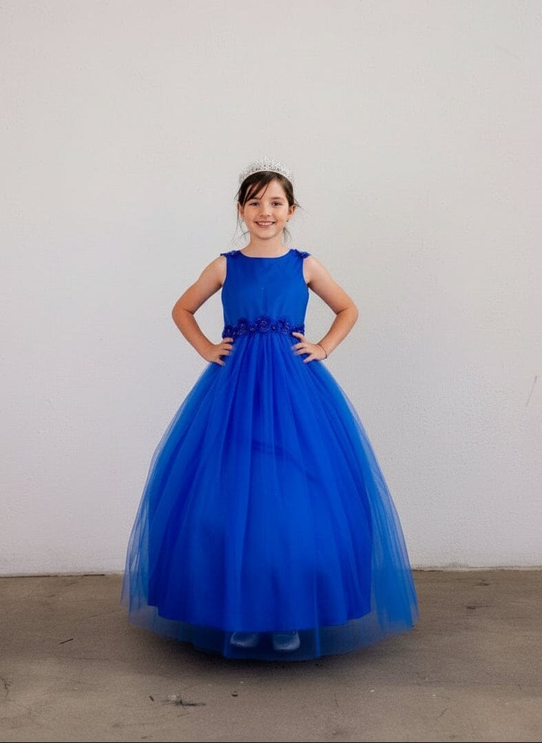 LA Merchandise LAZD831 Girls Floral Scoop Neck Tea-Length Tulle A-Line Dress - Royal Blue - Girls Formal Dresses LAZ