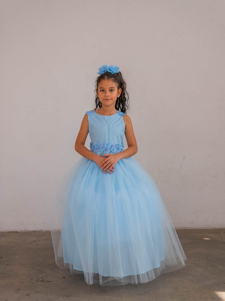 LA Merchandise LAZD831 Girls Floral Scoop Neck Tea-Length Tulle A-Line Dress - - Girls Formal Dresses LAZ