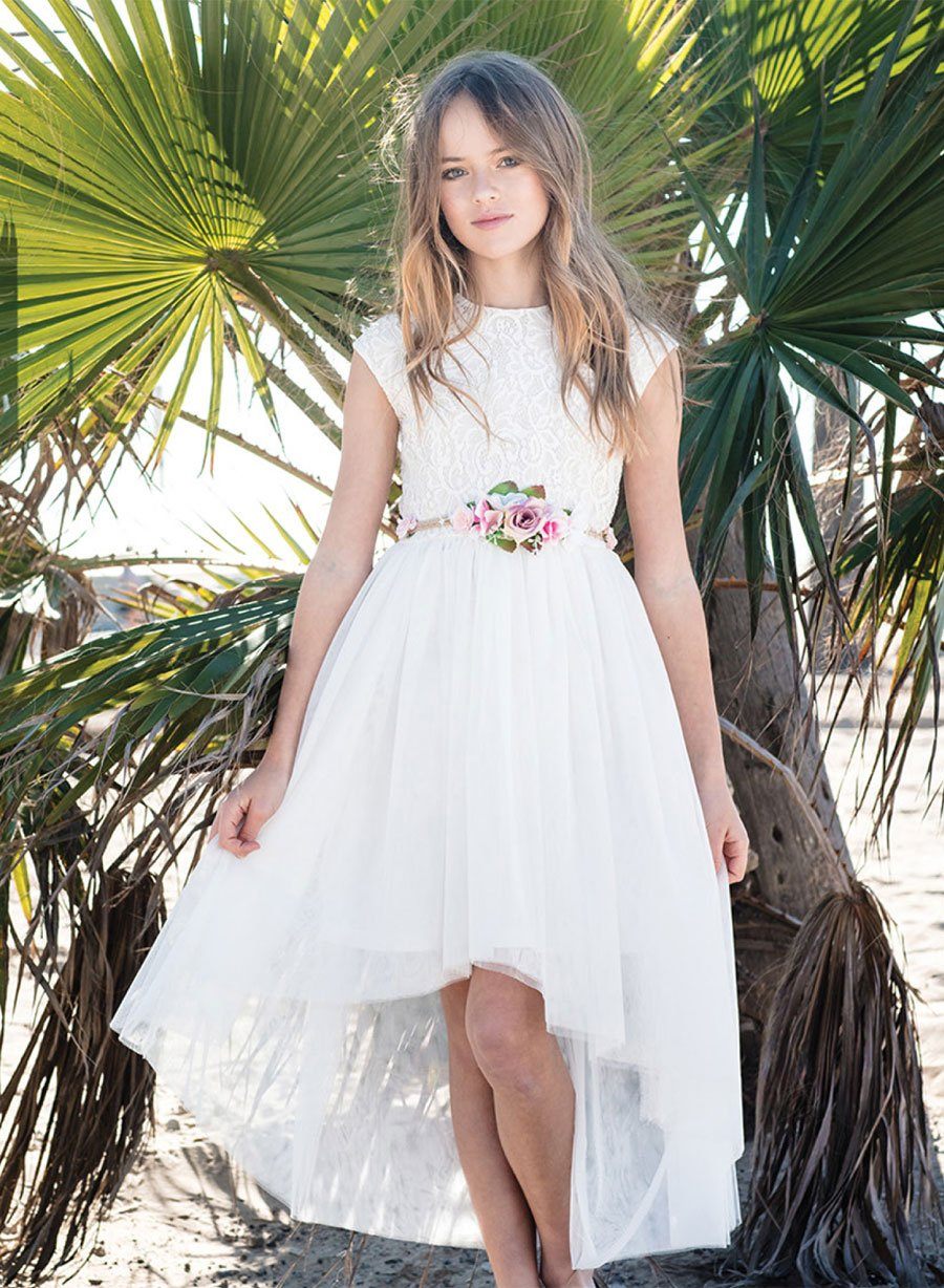 LA Merchandise LAZSLD1177 Girls Lace Scoop Neck High-Low A-Line Dress with Floral Belt - - Girls Formal Dresses LAZ